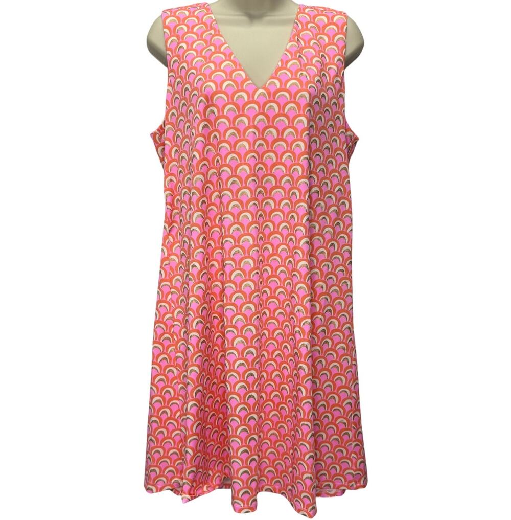 Julie Brown Sleeveless V-Neck Dress Pink Gold Metallic Rainbow Print Size L 70s